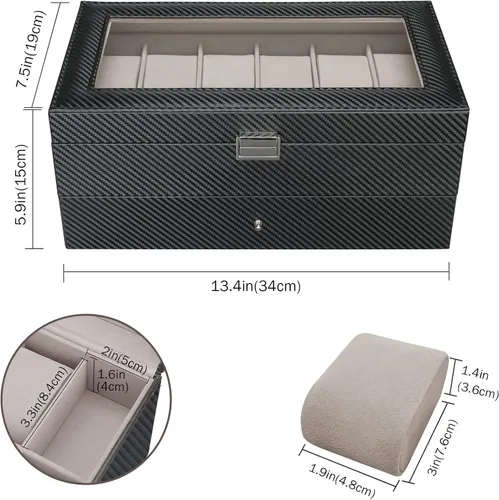 Vista 6 de Caja de reloj con 12 ranuras para hombres, organizador de joyas para hombre, estuche de exhibición con cajón, cajas de almacenamiento de relojes