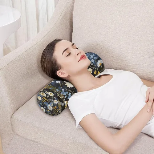 Vista 5 de Blue White Flowers Neck Pillow for Sleeping, Cervical Roll Memory Foam Pillows for Neck Pain Relief, Neck Support Round Pillows with Washable Cover