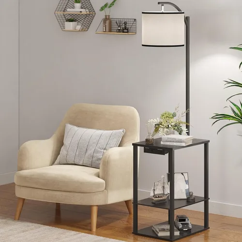 Vista 9 de Lámpara de pie SUNMORY con mesa, mesa auxiliar para sala de estar con lámpara, mesa lateral con estantes y estación de carga (puerto USB y AC)