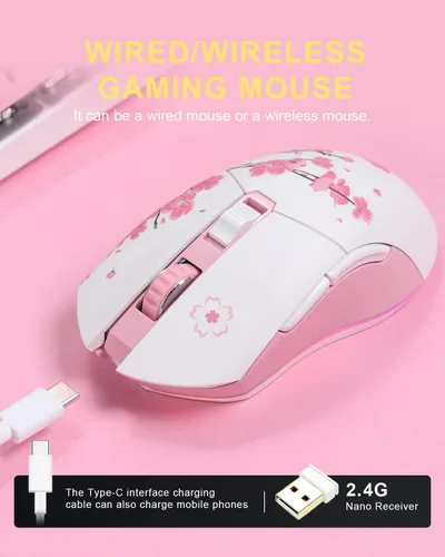 Vista 3 de DAREU Sakura - Mouse inalámbrico para juegos con cable, recargable de doble modo, 7 botones programables, 10 K DPI, RGB y 7 niveles de DPI