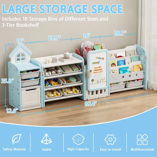 Vista 3 de DEYGIA Organizador plegable de almacenamiento de juguetes para niños con 10 contenedores extraíbles y estantería de 3 niveles, organizador