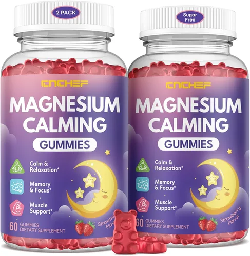 Vista 9 de Gomitas calmantes de magnesio para niños de 4 años y adultos, suplemento de magnesio sin azúcar con L-teanina, manzanilla, vitaminas B6, D3, K2