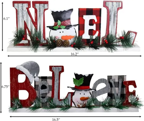 Vista 2 de Letras rústicas de madera con recortes de mesa, decoración de muñeco de nieve, decoración de Navidad, letreros de bloque de palabras de madera