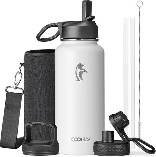 Vista 33 de Coolflask Botella de agua de 20 onzas aislada con pajilla, 3 tapas de metal de acero inoxidable, botella de agua de boca ancha para deportes u