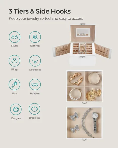 Vista 3 de SONGMICS Joyero de 3 niveles joyero de viaje con asa 2 cajones organizador de joyas con cerradura con espejo almacenamiento de joyas estilo moderno