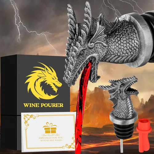 Vista 10 de Cabeza de Dragón Vertedor y Tapón de Botella de Vino 2 en 1, Regalos de Dragón para Hombres y Mujeres Fanáticos de los Dragones, Vertedores