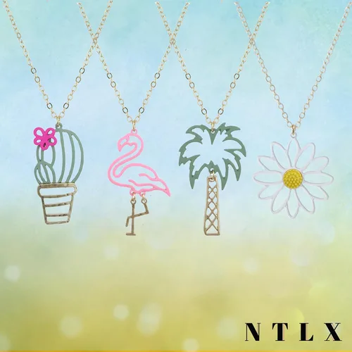 Vista 6 de Collar con colgante bohemio bohemio para mujer, con revestimiento de goma, flamenco, palmera, cactus, planta de verano, delicado, ligero, hermosos