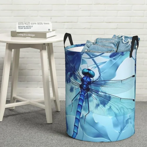 Vista 8 de Cesta circular con estampado de libélula azul artística impermeable, cesta organizadora de almacenamiento con asas para ropa, juguetes, pequeña