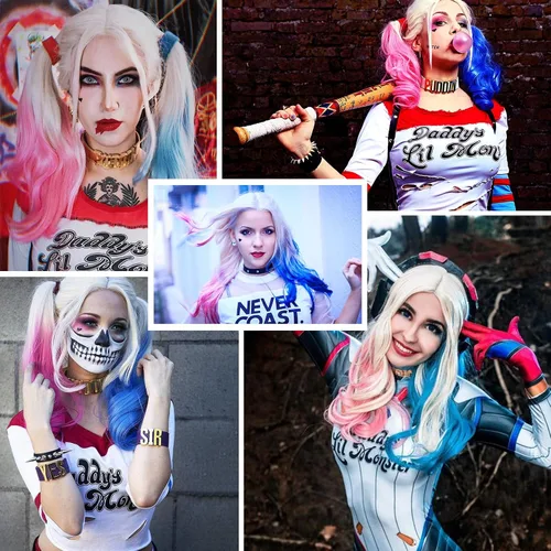 Vista 4 de WECAN Pelucas largas y rizadas rosas y azules para mujer, fiesta de cosplay y Halloween, fibras sintéticas, peluca Harley Quinn del escuadrón suicida