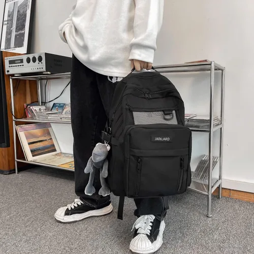 Vista 5 de Bonita mochila estética para la escuela con bonito colgante, mochila casual para estudiantes de medio viaje, universidad, Negro -, Grande, Mochilas