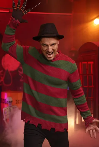 Vista 2 de Arvilhill 3 piezas de disfraz de Halloween para hombre, suéter y sombrero, trajes de pesadilla (S-3XL) Loose Fit Striped Sweater, Realistic Claw