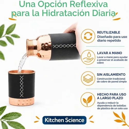 Vista 7 de Kitchen Science - Botella de agua de cobre con vaso y fundas de cuero negro, 34 onzas, a prueba de fugas, probada en laboratorio