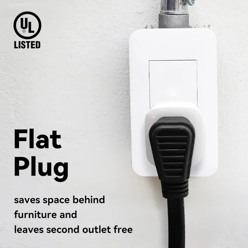 Vista 5 de Cable de extensión de enchufe plano de 3 tomas, certificado UL, cable de extensión para interiores de 16 calibre 1 pie negro de 3 puntas, tira