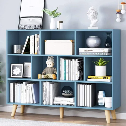 Vista 39 de IOTXY - Estantería de madera con espacios abiertos, 3 niveles, con patas, 5 cubos, color azul brillante Nordic Minimalist Style, MDF