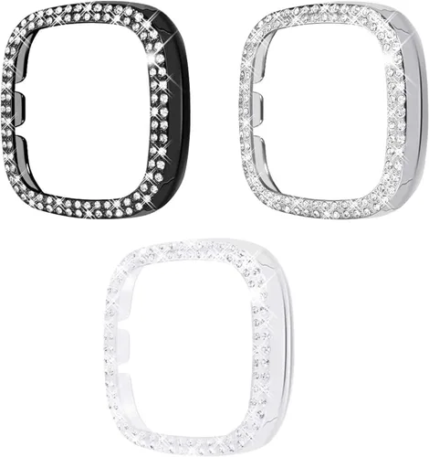 Vista 11 de Funda protectora brillante compatible con Fitbit Versa 3/Sense, marco de parachoques de diamantes de imitación de cristal brillante para mujer