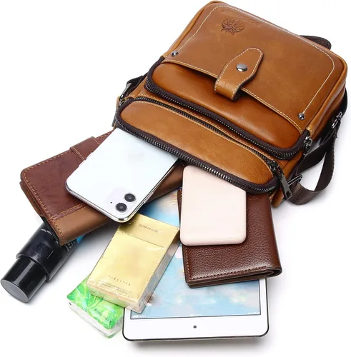 Vista 6 de LUKZIJAES Bolso de mensajero de cuero genuino para hombre, ligero, vintage, bandolera, pequeño, bolso casual para hombre