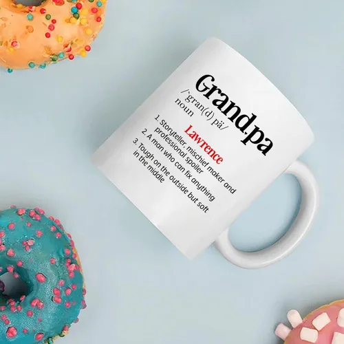 Vista 3 de Taza de café blanca personalizada de 11 onzas, 15 onzas, taza de definición de abuelo, taza de viaje única para abuelo, regalos para cumpleaños