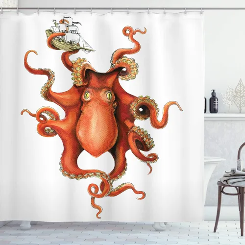 Vista 75 de Ambesonne Decor Collection, juego de cortina con ganchos para regadera Amarillo y marrón