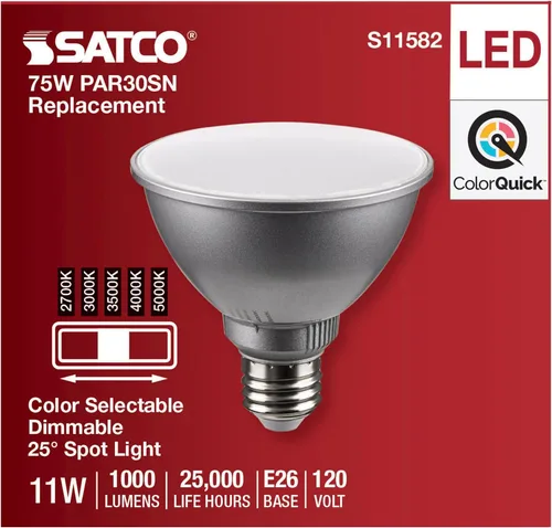 Vista 4 de Satco S11582; LED PAR30SN de 11 vatios; base media; acabado plateado; CCT seleccionable; 120 voltios; ángulo de haz de 25 grados