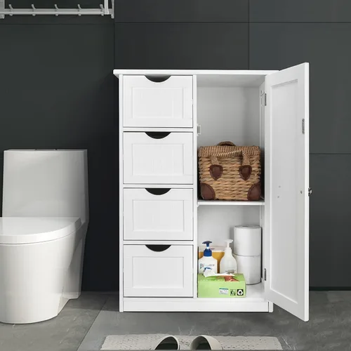 Vista 8 de Bonnlo Armario de almacenamiento pequeño de madera para baño, muebles de espacio pequeño, organizador de almacenamiento lateral blanco con 4 cajones