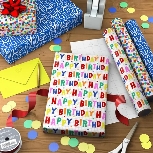 Vista 3 de Hallmark Mini rollos de papel de regalo de cumpleaños, paquete de 3 (lunares arcoíris y letras, Yay azul y blanco) para fiestas infantiles