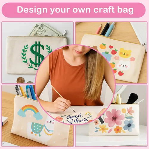 Vista 3 de meekoo Paquete de 16 bolsas de lona en blanco para cosméticos, bolsa de maquillaje con cremallera lisa, sublimación, manualidades DIY, bolsa de aseo