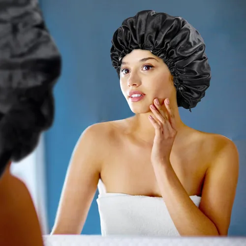 Vista 5 de Gorro de seda de satén para cabello rizado, gorro trenzado para dormir, para mujer, grande, doble capa ajustable (2 unidades, negro) Double Layer