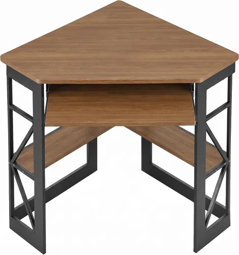 Vista 13 de VECELO - Escritorio de esquina para computadora, mesa de escritura con bandeja para teclado suave y estantes de almacenamiento, mesa triangular