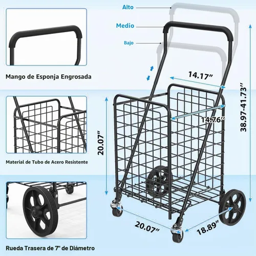 Vista 4 de Carrito de compras plegable con ruedas giratorias de 360°, carrito plegable de 66 libras de capacidad y mango de espuma extendido, para lavandería