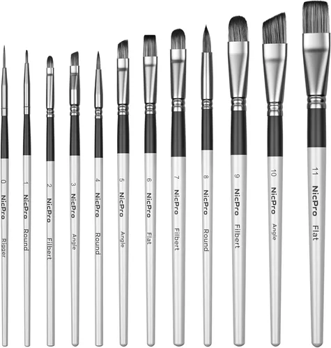 Vista 11 de Nicpro Juego de 12 pinceles de pintura para artista, pinceles de pintura de cerdas sintéticas firmes para pintura acrílica y aceite, pinceles planos