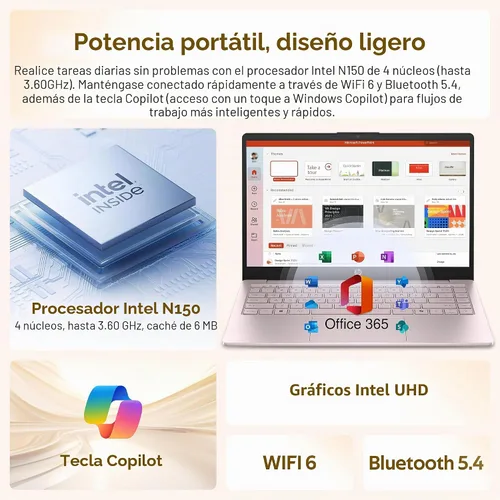 Vista 3 de Laptop personalizada, creada con laptop HP de 14 pulgadas, Office 365 de 1 año, Intel N150 Quad-Core, 16 GB de RAM, SSD PCIe de 512 GB, con UFS