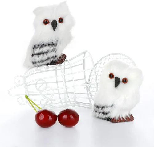 Vista 3 de DULRLLY 5 adornos de Navidad de búho de felpa, lindos animales peludos blancos y negros, adornos de bosque, piel sintética, búho, pájaros, adorno