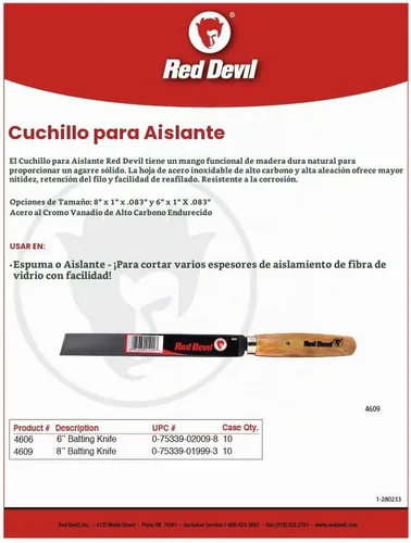 Vista 2 de Red Devil 4609 Cuchillo para Aislamiento de 8 Pulgadas – Hoja de Acero de Alto Carbono, Mango de Madera Dura Duradero para Corte de Aislamiento