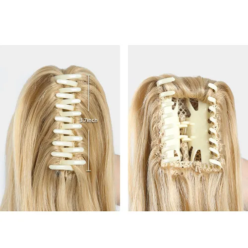 Vista 4 de Extensiones de pinza de cabello rubio, extensiones de cola de caballo para mujer, extensiones de cabello rizado de 16 pulgadas, extensiones