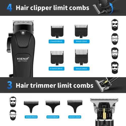 Vista 6 de HIENA PRO Juego de cortapelos profesional y kit de recortadora para hombres, cortadora de peluquería inalámbrica, afeitadora eléctrica de barba