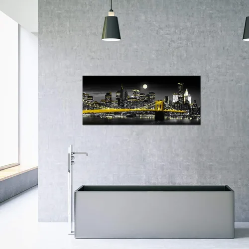 Vista 5 de Biuteawal Impresión en lienzo amarillo en blanco y negro de la ciudad de Nueva York, puente de Brooklyn en la noche de la luna, pintura fotográfica