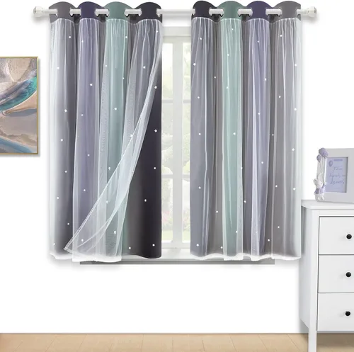 Vista 17 de Cortinas Opacas con Corte de Estrella Arcoíris para Dormitorio de Niñas - Doble Capa con Ojales Superiores para Sala de Estar, 2 Paneles