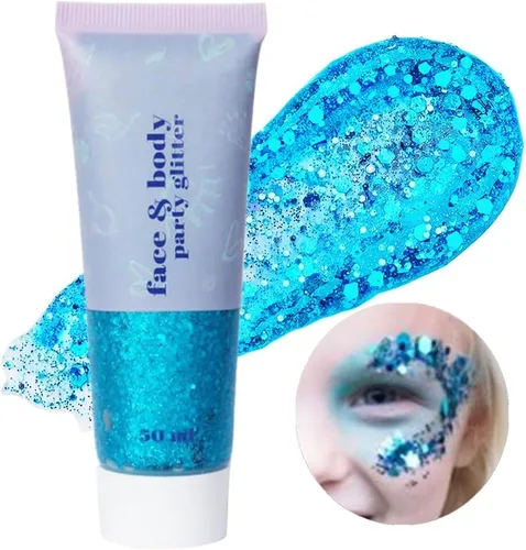 Vista 14 de Go Ho Brillantina azul para rostro y cuerpo, pintura facial azul de Halloween, gel brillante de sirena, lentejuelas gruesas holográficas para ojos