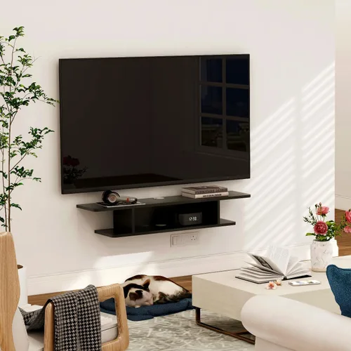 Vista 6 de GHC Soporte de TV flotante, centro de entretenimiento montado en la pared y estante de gabinete, consola de TV con almacenamiento, consola