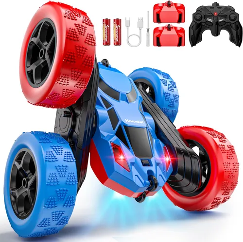 Vista 21 de Hamdol Auto de control remoto para niños, auto de acrobacias RC giratorio de 360°, vehículo eléctrico 4WD de doble cara con luces LED, autos de Azul