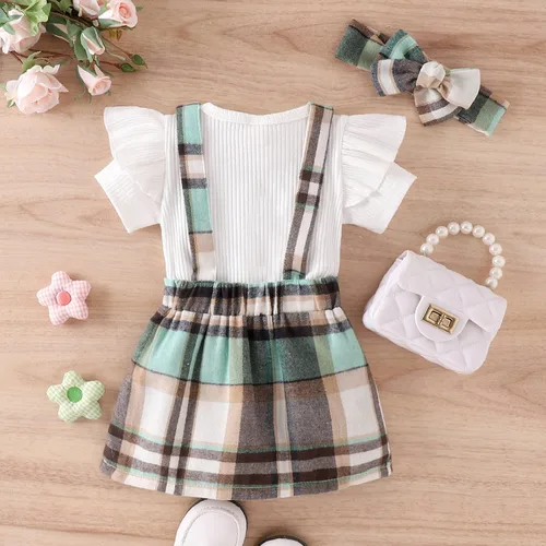 Vista 3 de AMMENGBEI Conjunto de verano para bebé niña, manga con volantes, camiseta de punto acanalado, pantalones cortos con tirantes florales, diadema