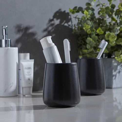 Vista 4 de Soporte Negro para Cepillos de Dientes para Baño - Soportes de Cerámica para Cepillos de Dientes, Soporte para Pasta de Dientes, Vaso Reutilizable