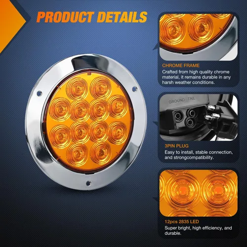 Vista 4 de Nilight Luces traseras para remolque, 2 unidades, 4 pulgadas, redondas, 12 LED, ámbar, cromado, marco, marcador, señal de giro, luz trasera