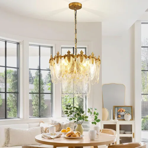 Vista 2 de Antique Chandeliers 2-Layer Gold Crystal Glass Chandelier, 4-Light Round Pendant Light 17.7" Brushed Brass Adjustable Height, Applicable to Dining