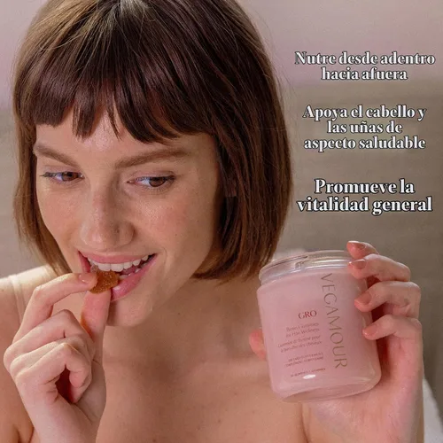 Vista 4 de VEGAMOUR GRO Gomitas de biotina, sabor a fresa con 5000 mcg de biotina, apoya el cabello saludable Gomitas veganas con vitaminas A, B, C, E, B-12