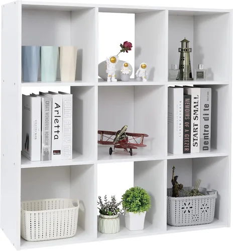 Vista 12 de Organizador de estantes de almacenamiento de 9 cubos, unidad de organización de estantería de madera, estantes de cubo para el hogar, oficina, Negro