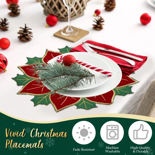 Vista 4 de Breling Juego de 6 Manteles Individuales de Navidad de Poinsettia de 16 Pulgadas Redondos Rojos y Verdes con Flores de Poinsettia, Manteles de Mesa