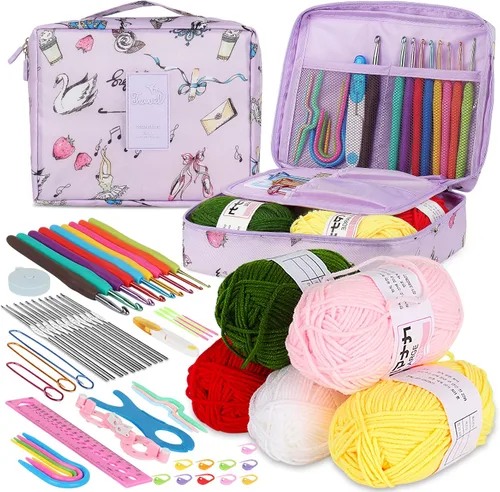 Vista 8 de Aeelike Kit de ganchillo con bolsa para viajes, kit fácil de aprender a ganchillo para principiantes de todas las edades, el kit de inicio