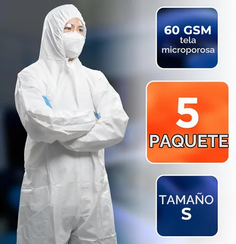 Vista 2 de EZGOODZ Overol desechable con capucha y botas, 2.16 oz/m², color blanco, pequeño, paquete de 5, cremallera frontal, muñecas elásticas y espalda