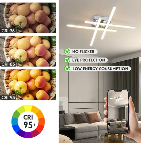 Vista 3 de CANEOE Moderna lámpara de techo LED de 38W regulable, lámpara de techo de montaje empotrado con control remoto, color plateado, cerca de la lámpara